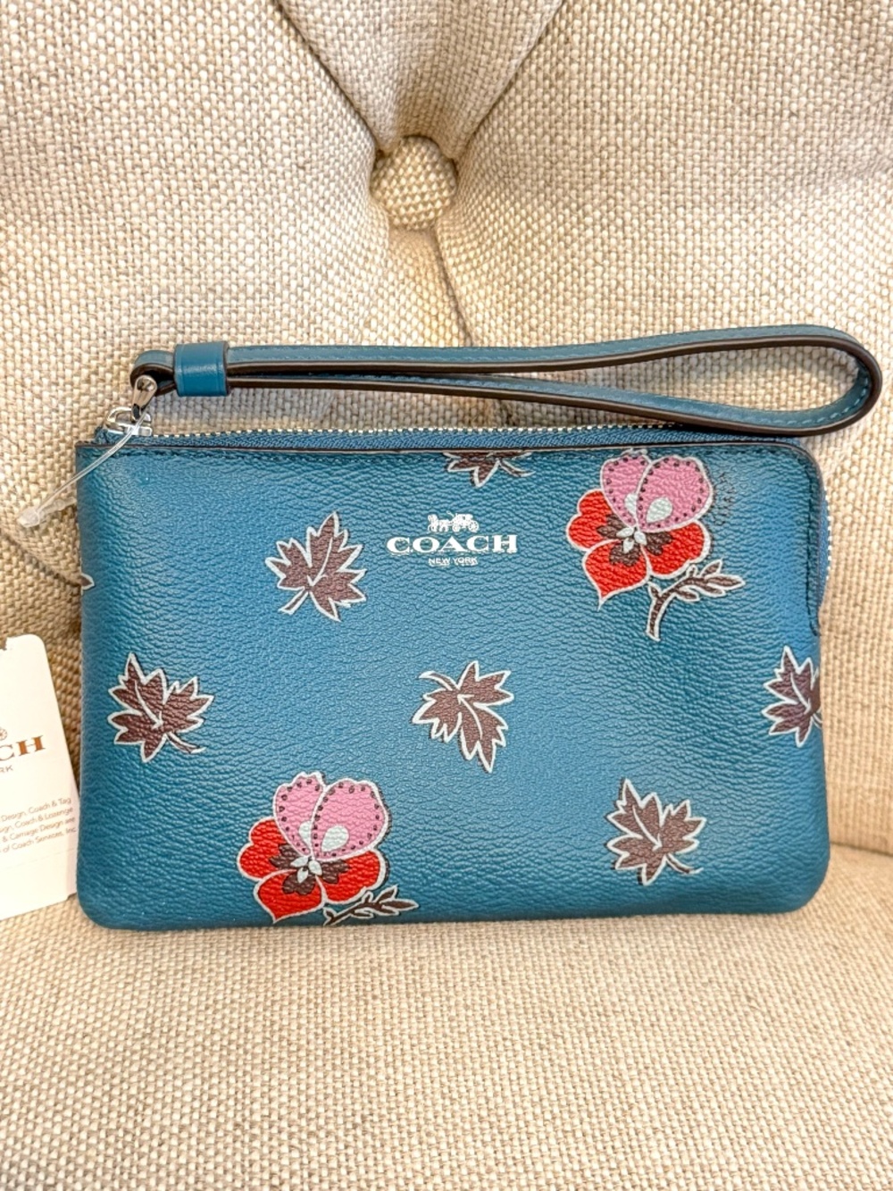 NEW COACH Wristlet Crossgrain Leather Small Zip Floral Flower Dark Teal Green